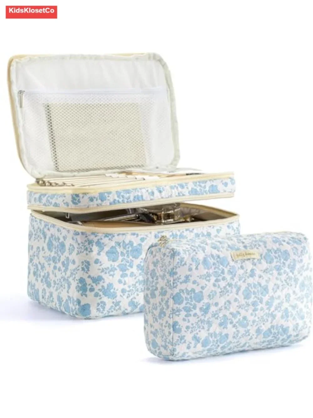 2-Piece Quilted Cosmetic Bag Set Cotton Travel Makeup Organizer Large Capacity